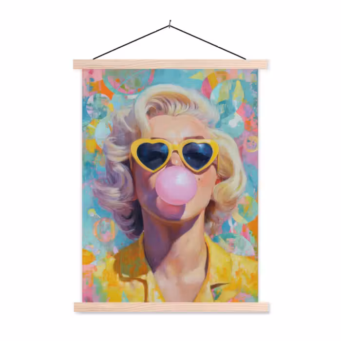 Schoolplaat - Vrouw - Blond - Roze kauwgom - Kleurrijk - Pastel