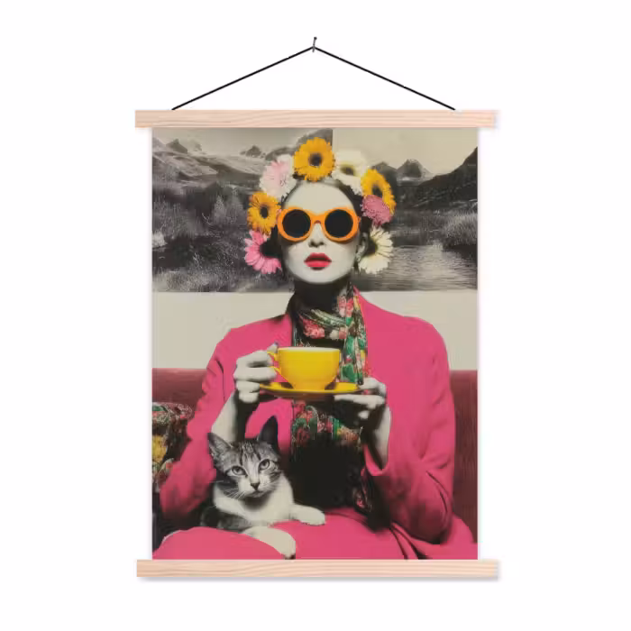 Schoolplaat - Vrouw - Kat - Bloemen - Kopje - Retro