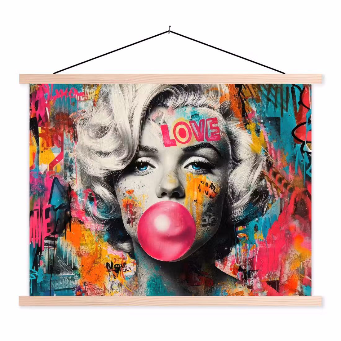 textielposter latten blank - Vrouw - Kauwgom - Graffiti - Neonkleuren