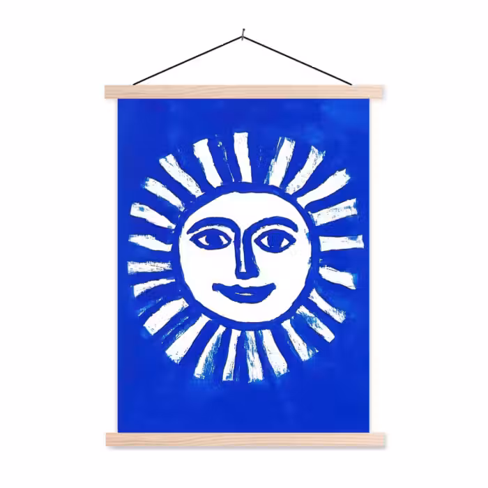 Schoolplaat - Zon - Gezicht - Penseelstructuur - Blauw