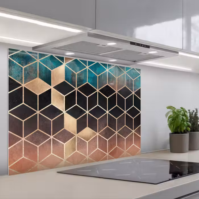 Spatscherm keuken - Abstract - Kubus - Goud - Patronen - Luxe