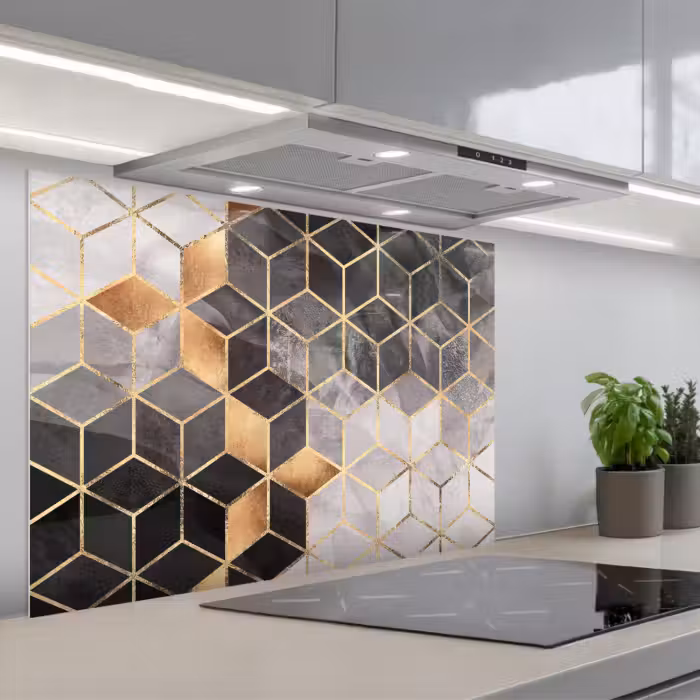 Spatscherm keuken - Abstract - Kubus - Goud - Patronen - Zwart - Wit