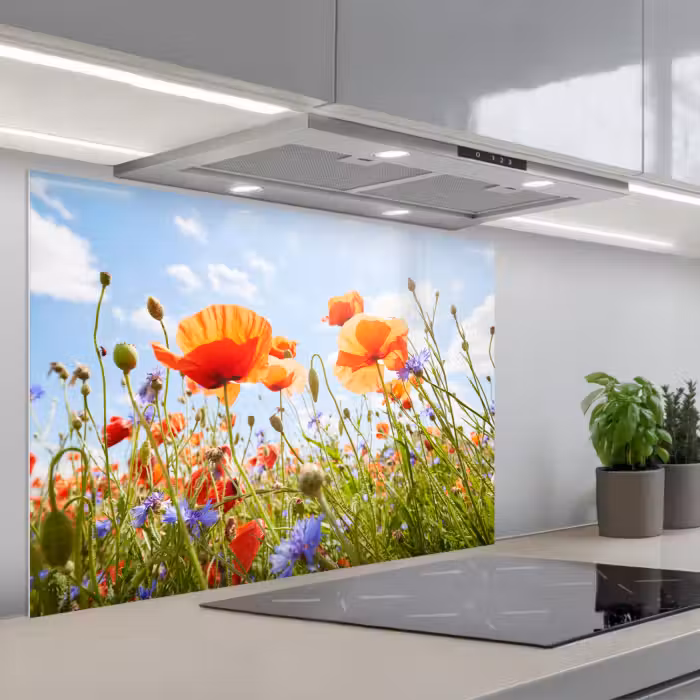 Spatscherm keuken - Bloemen - Klaproos - Lente - Natuur - Rood - Blauw