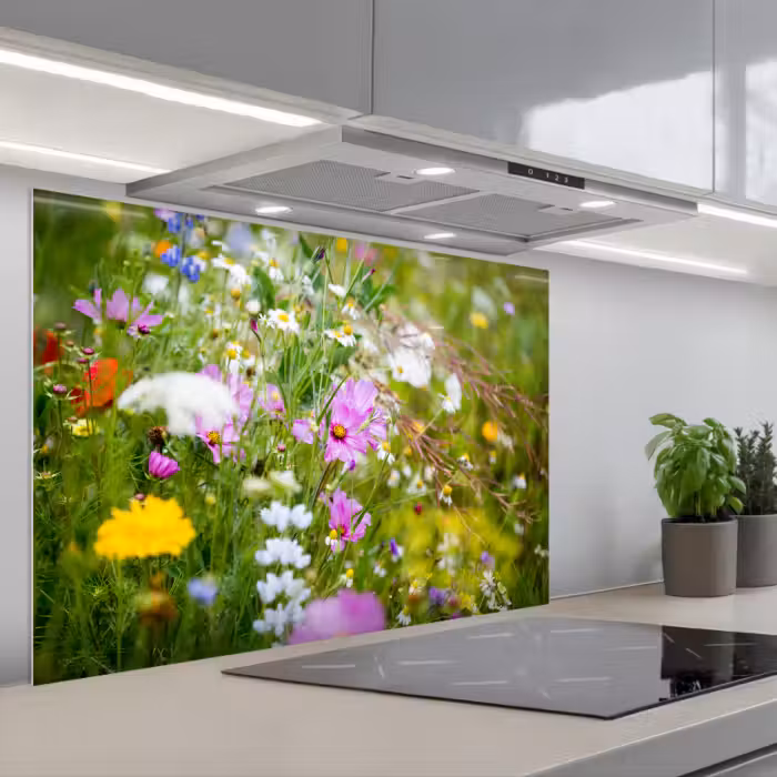 Spatscherm keuken - Bloemen - Natuur - Groen - Gras - Paars - Wit