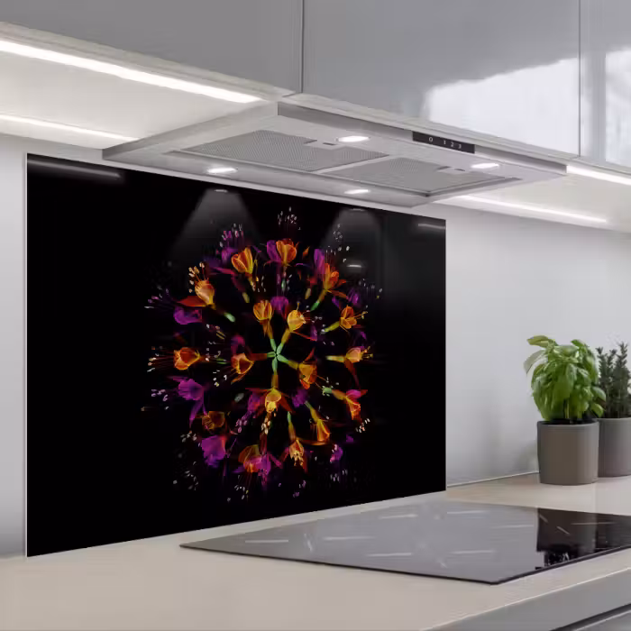 Spatscherm keuken - Bloemen - Oranje - Roze - Zwart
