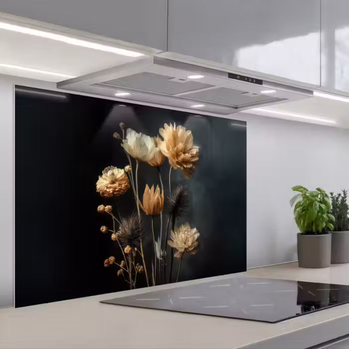 Spatscherm keuken - Boeket - Bloemen - Licht - Zwart