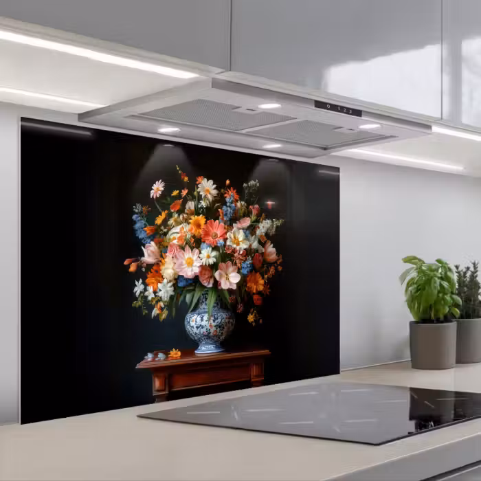 Spatscherm keuken - Boeket - Roze - Bloemen - Vaas