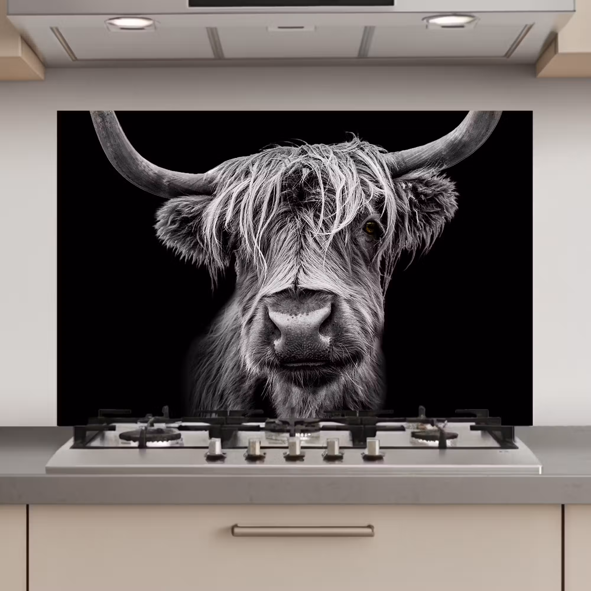 Spatscherm keuken - Schotse Hooglander - Horens - Zwart - Wit - Koe - Wild - Dieren