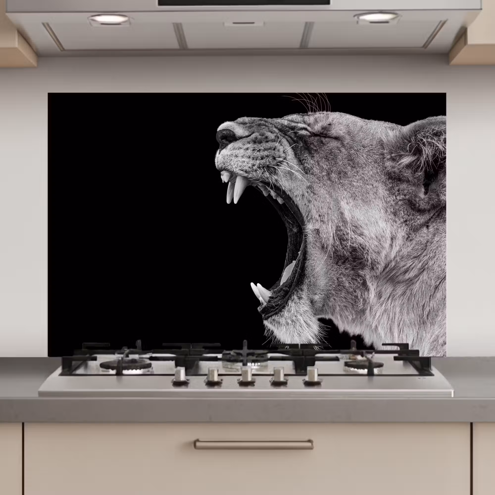 Spatscherm keuken - Dieren - Leeuw - Zwart - Wit - Portret