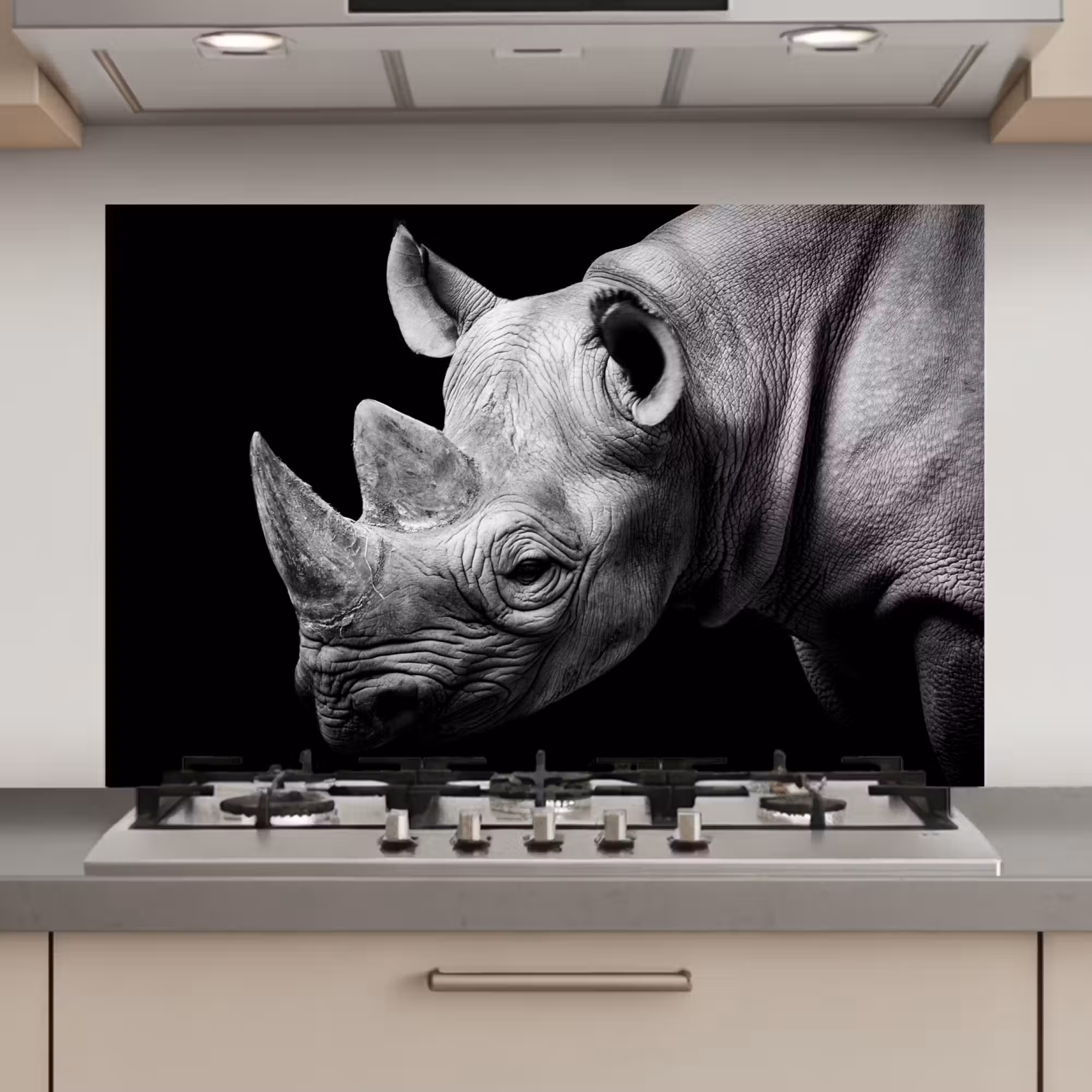 Spatscherm keuken - Dieren - Neushoorn - Zwart - Wit - Portret