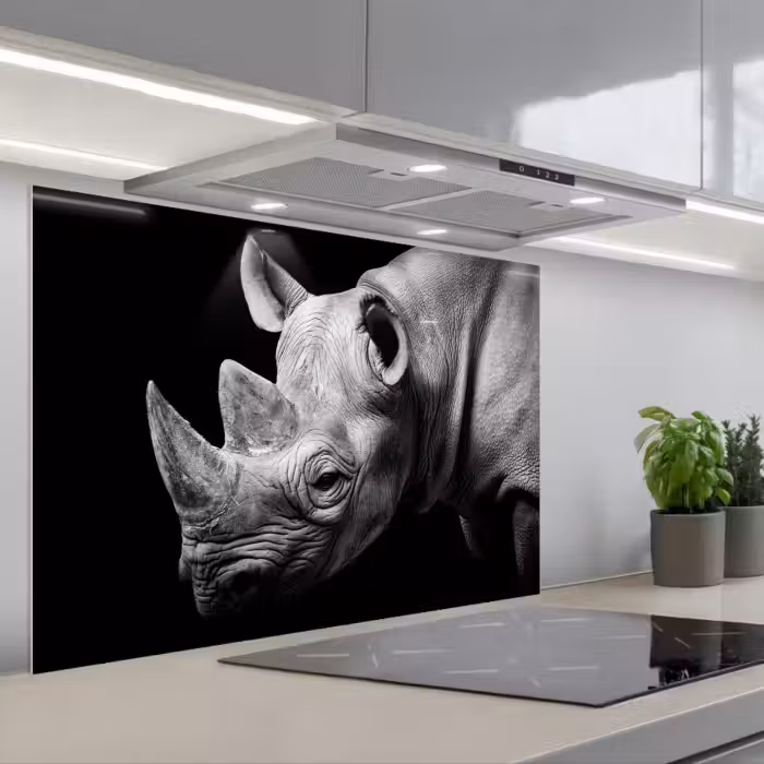 Spatscherm keuken - Dieren - Neushoorn - Zwart - Wit - Portret