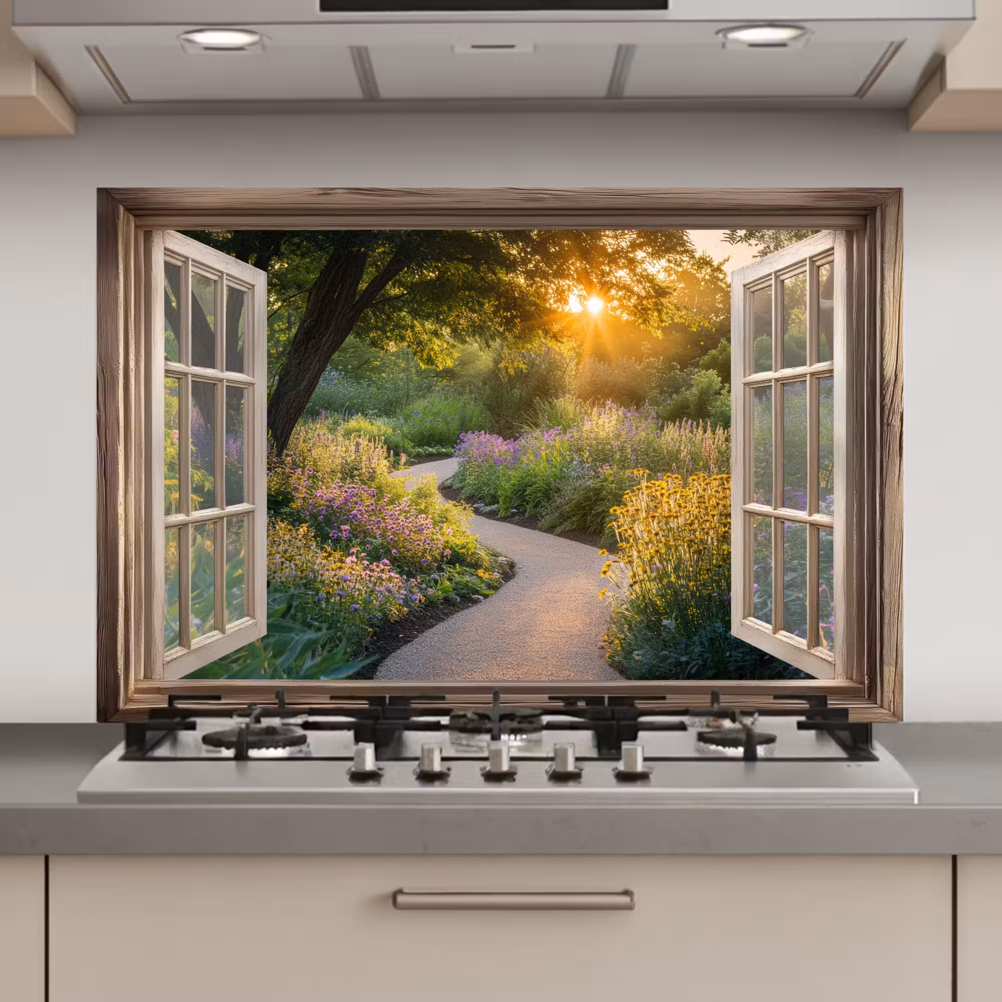 Spatscherm keuken - Doorkijk - Bloemen - Natuur - Zon - Pad