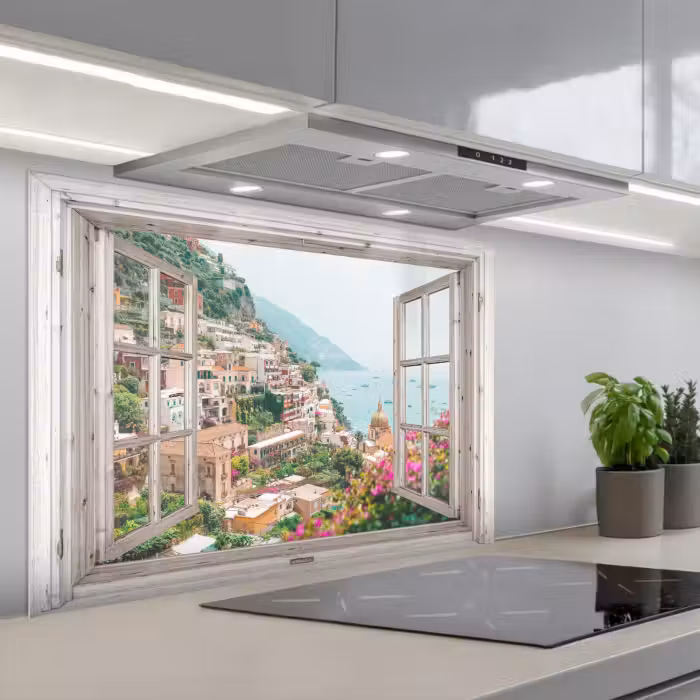 Spatscherm keuken - Doorkijk - Italië - Bloemen - Zee - Kust - Stad - Bergen