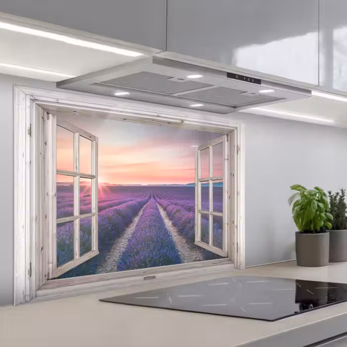 Spatscherm keuken - Doorkijk - Lavendel - Bloemen - Hout - Zonsondergang - Paars