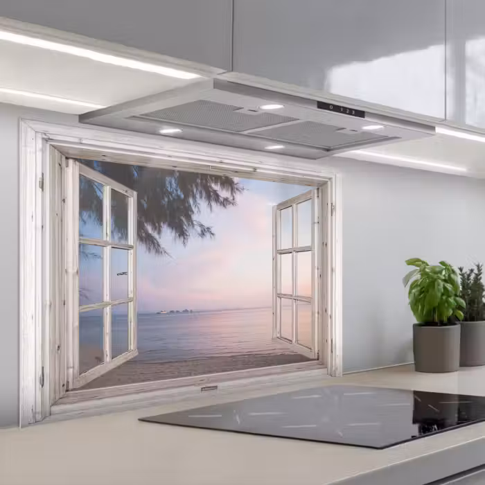 Spatscherm keuken - Doorkijk - Strand - Palmboom