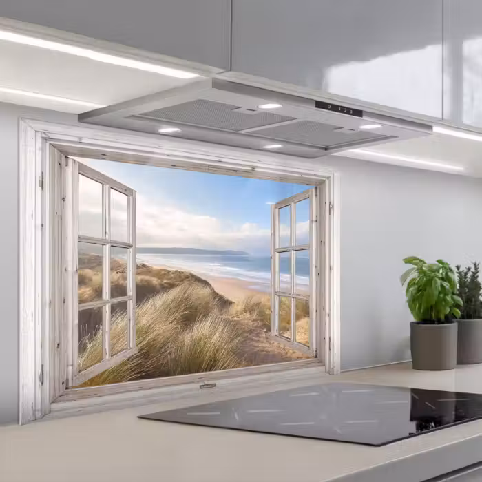 Spatscherm keuken - Doorkijk - Strand - Zee - Duinen - Helmgras - Zand - Blauw