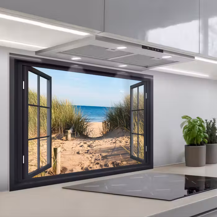 Spatscherm keuken - Doorkijk - Strand - Zee - Zand - Water - Helmgras - Duinen