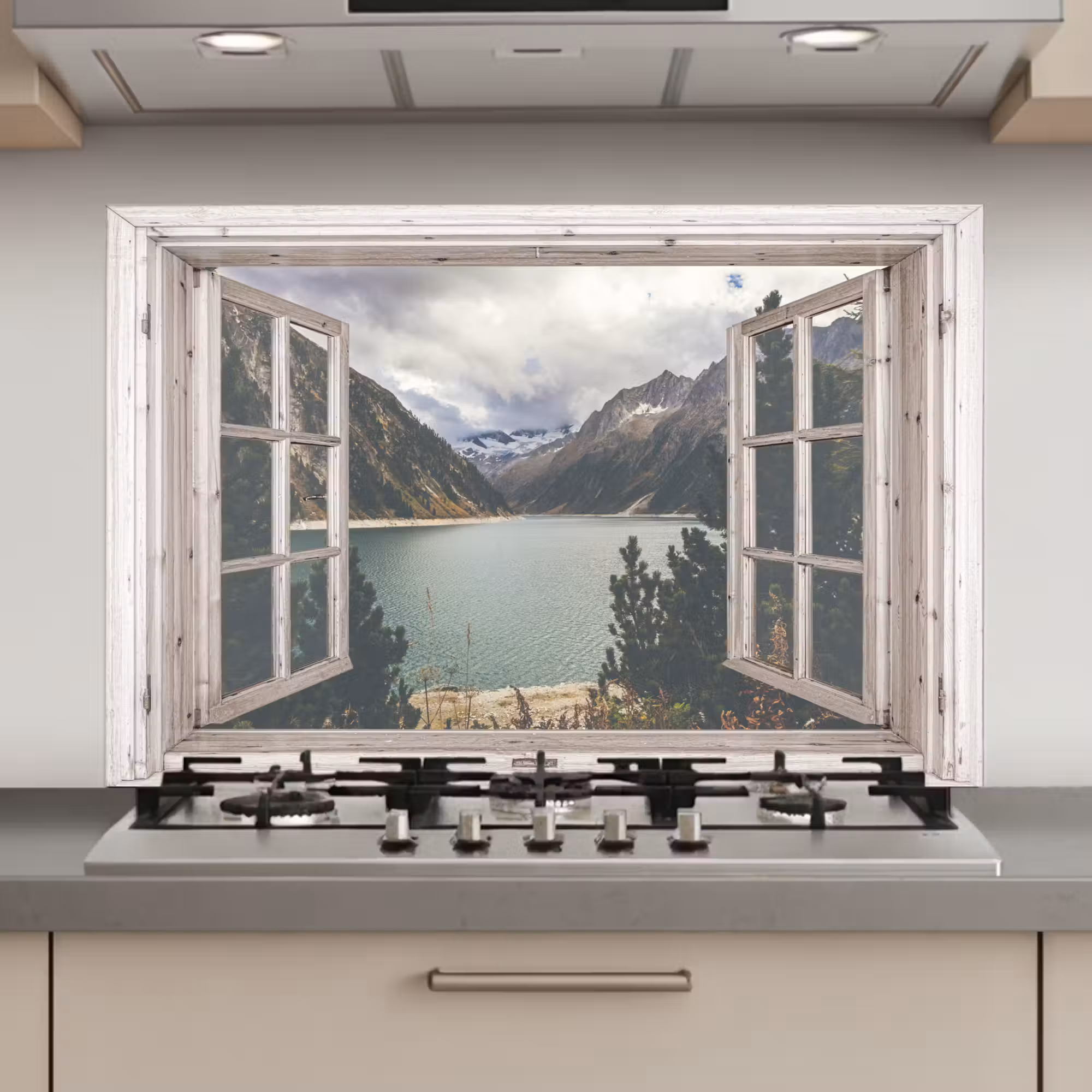 Spatscherm keuken - Doorkijk - Water - Berg