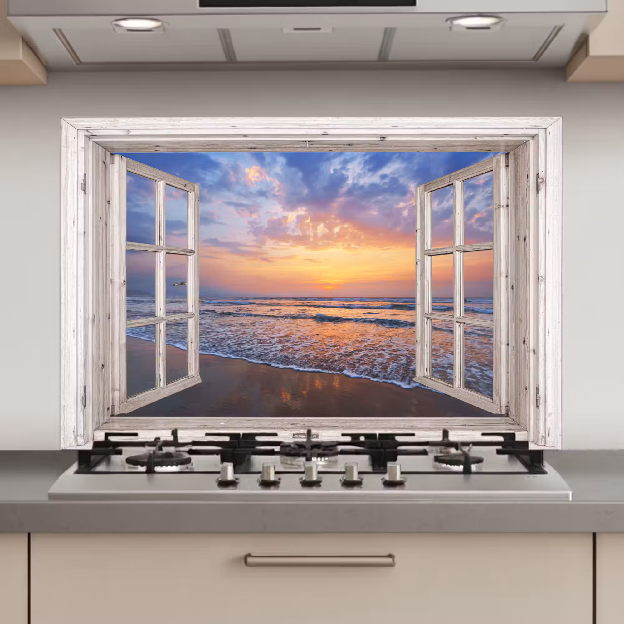 Spatscherm keuken - Doorkijk - Zee - Strand - Zonsondergang - Blauw