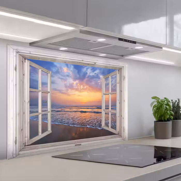 Spatscherm keuken - Doorkijk - Zee - Strand - Zonsondergang - Blauw