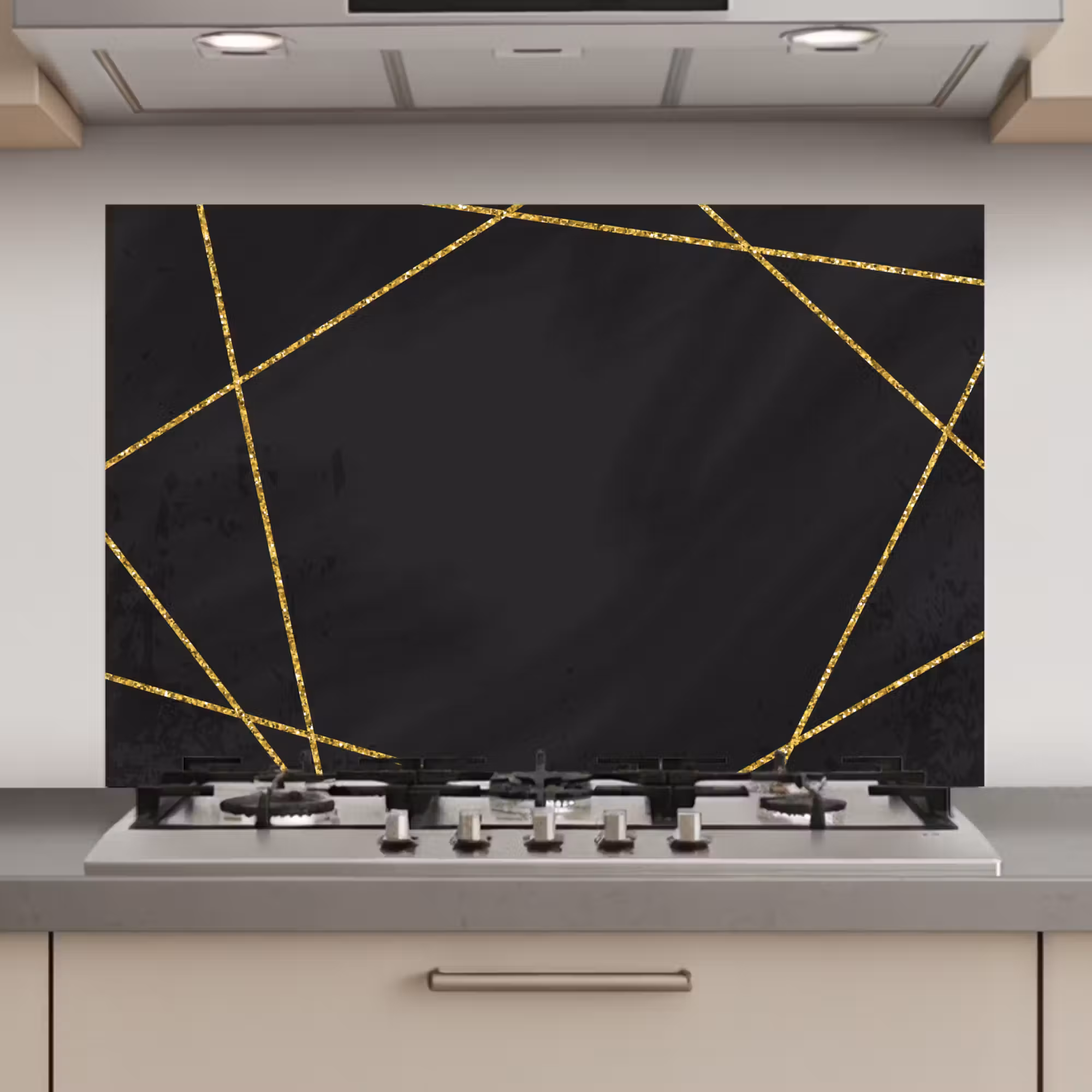 Spatscherm keuken - Geometrisch patroon van gouden lijnen op een zwarte achtergrond