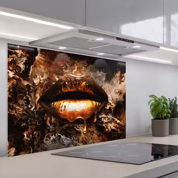 Spatscherm keuken - Goud - Lippen - Kunst - Goud - Luxe - Abstract