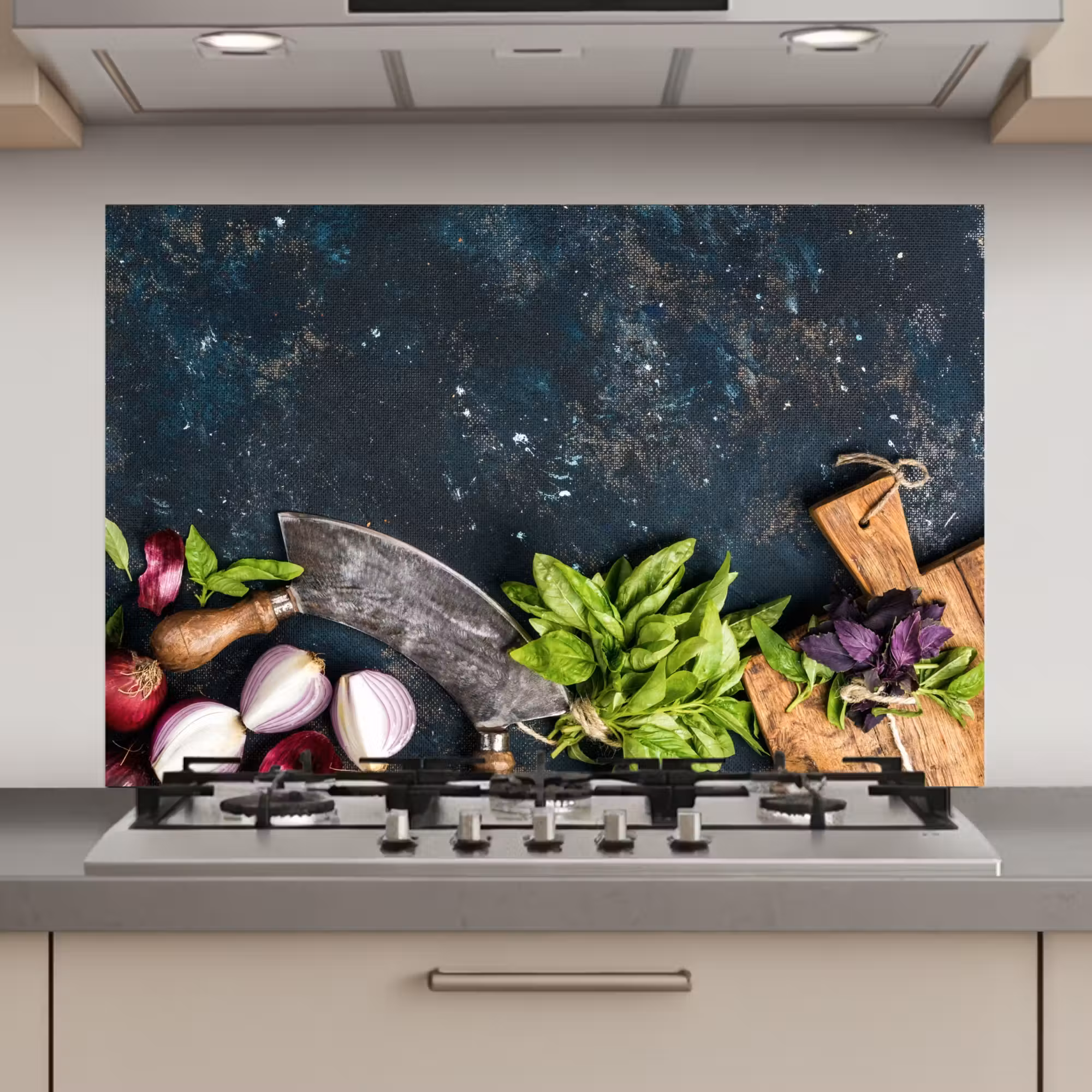Spatscherm keuken - Groente - Kruiden - Wiegemes - Ui - Specerijen - Rustiek