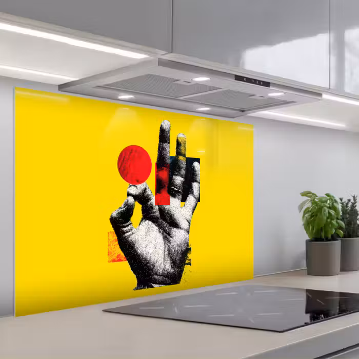 Spatscherm keuken - Hand - Rode cirkel - Geel