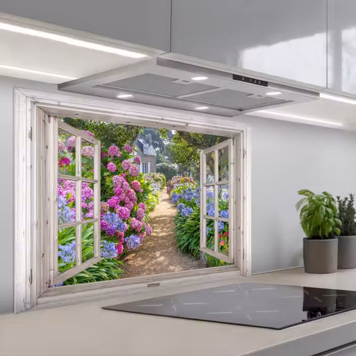 Spatscherm keuken - Hortensia - Doorkijk - Bloemen - Zomer - Paars - Pad