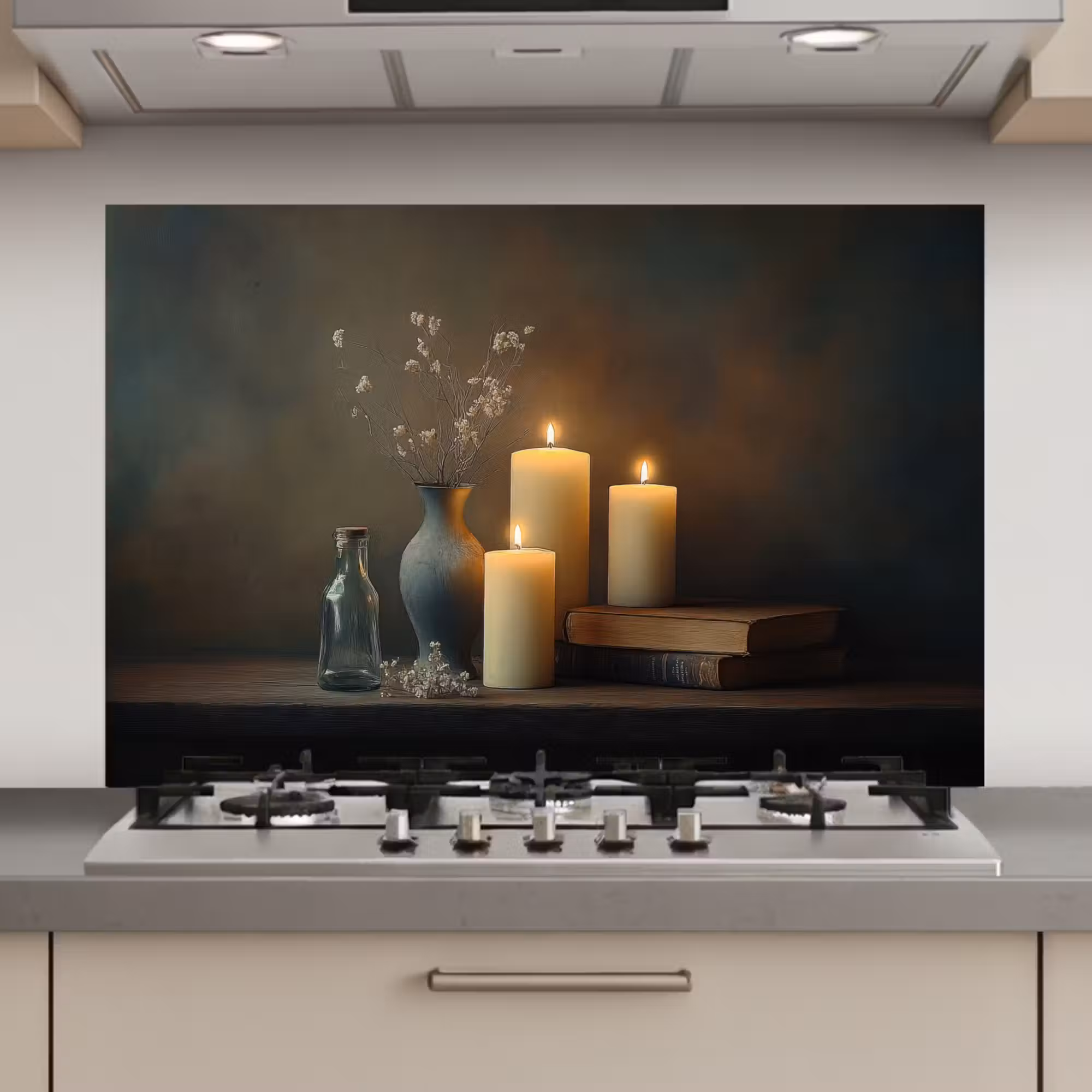 Spatscherm keuken - Kaarsen - Stilleven - Rustiek - Boeken
