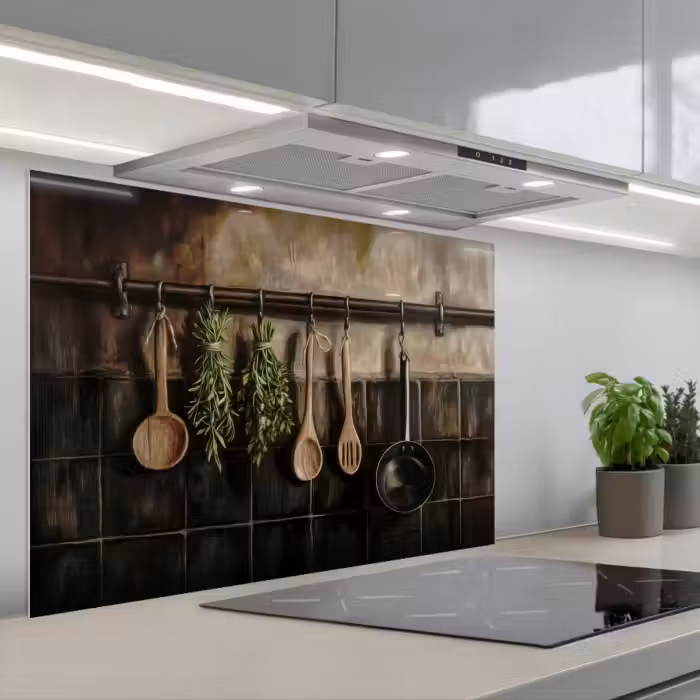 Spatscherm keuken - Keukengerei - Rustiek - Tegels - Kruiden
