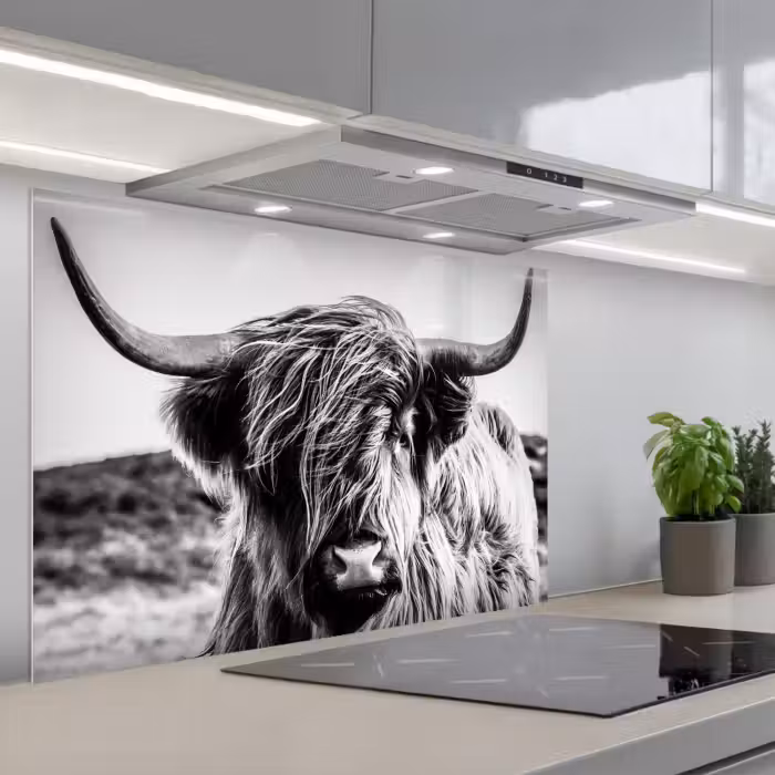 Spatscherm keuken - Koe - Schotse hooglander - Zwart - Wit - Dier - Natuur - Wild