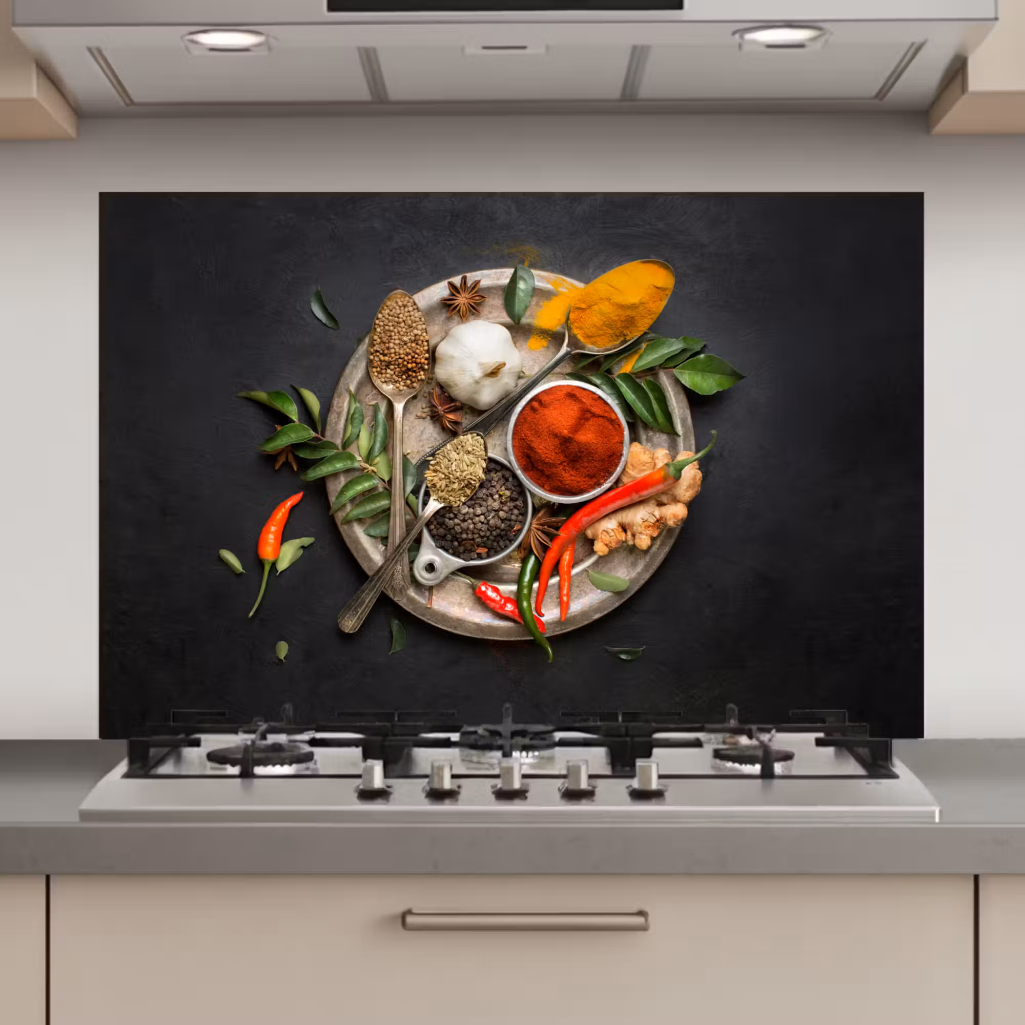 Spatscherm keuken - Kruiden - Bord - Peper - Zwart - Lepels - Zilver