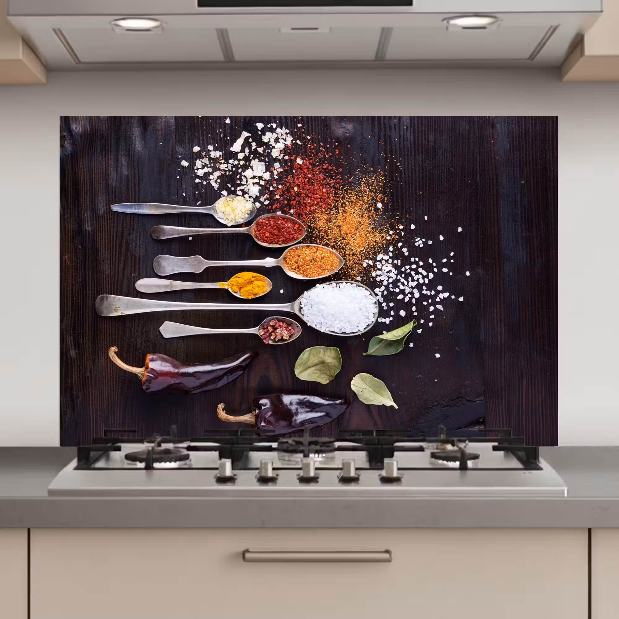 Spatscherm keuken - Kruiden - Lepels - Specerijen - Industrieel