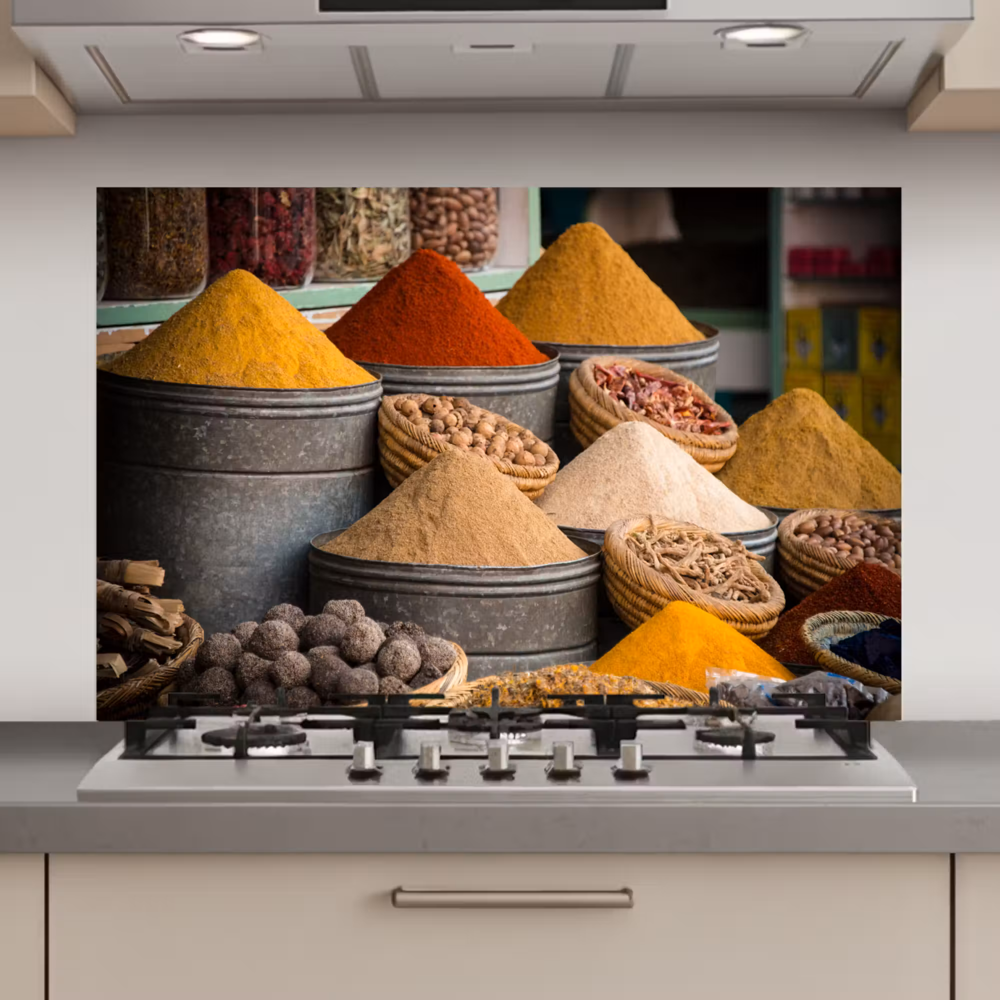 Spatscherm keuken - Kruiden - Ton - Specerijen - Geel - Bruin