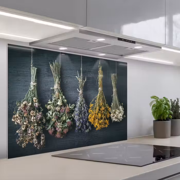 Spatscherm keuken - Kruidenkwartet aan een Donkere Wand