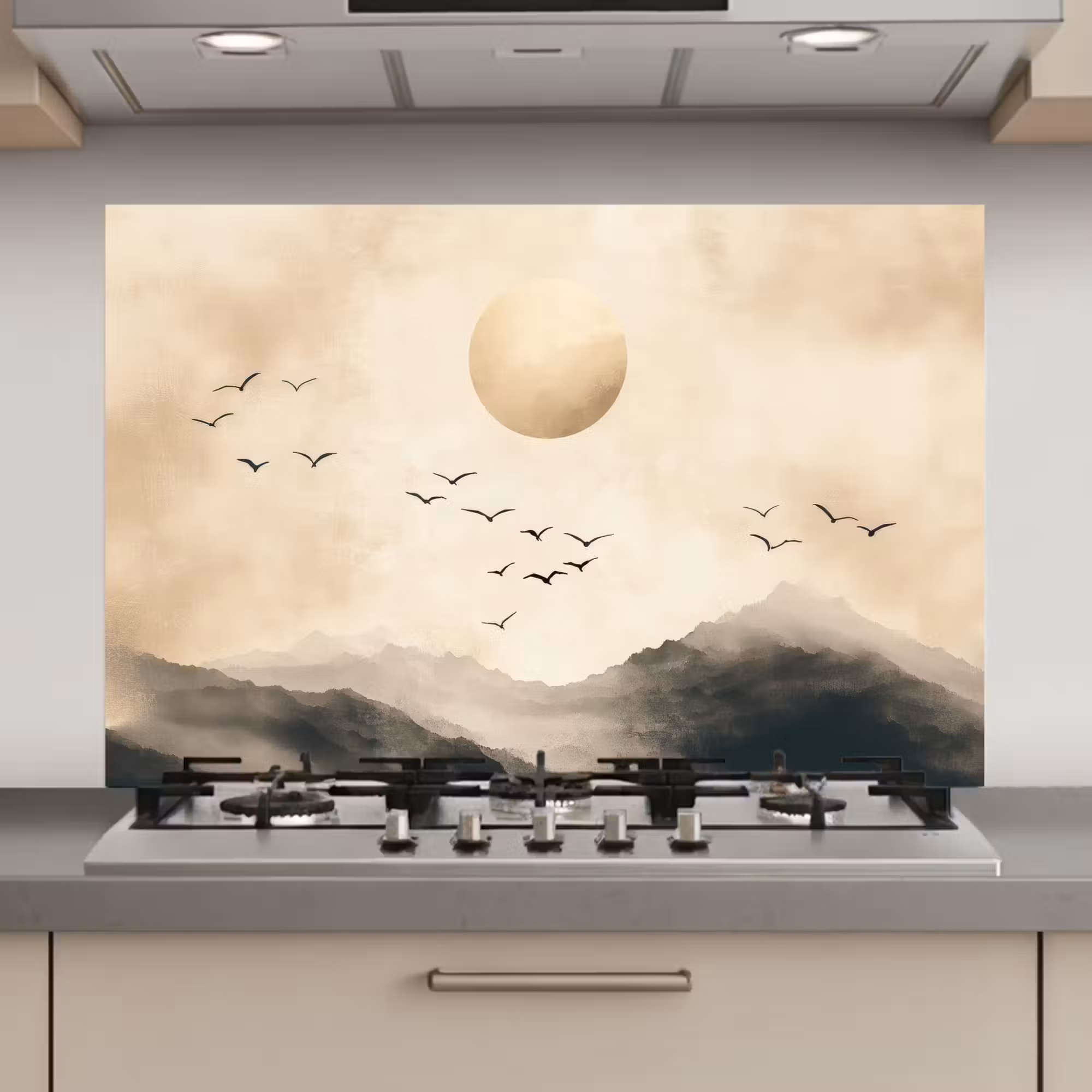 Spatscherm keuken - Landschap - Japandi - vogel