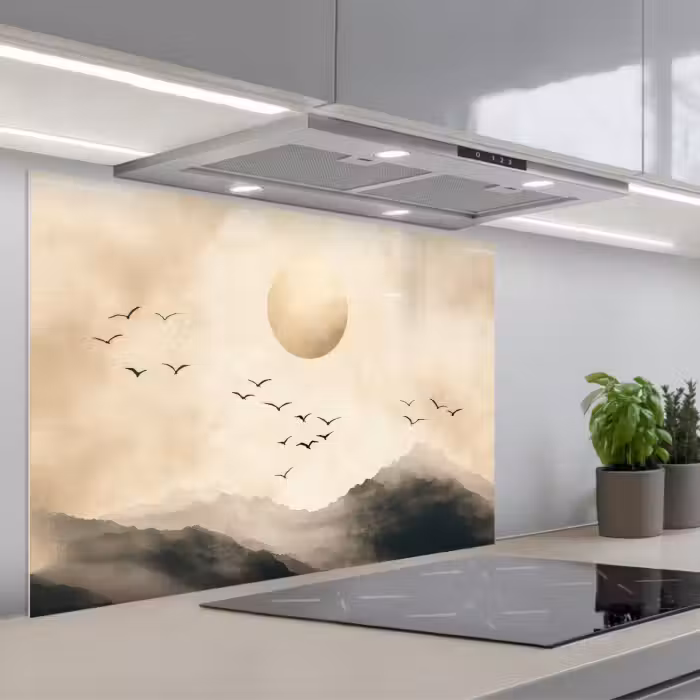 Spatscherm keuken - Landschap - Japandi - vogel