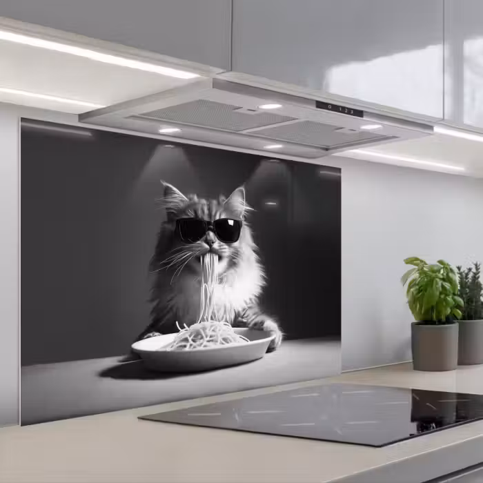 Spatscherm keuken - Langharige kat - Zonnebril - Spaghetti - Humor - Zwart - wit