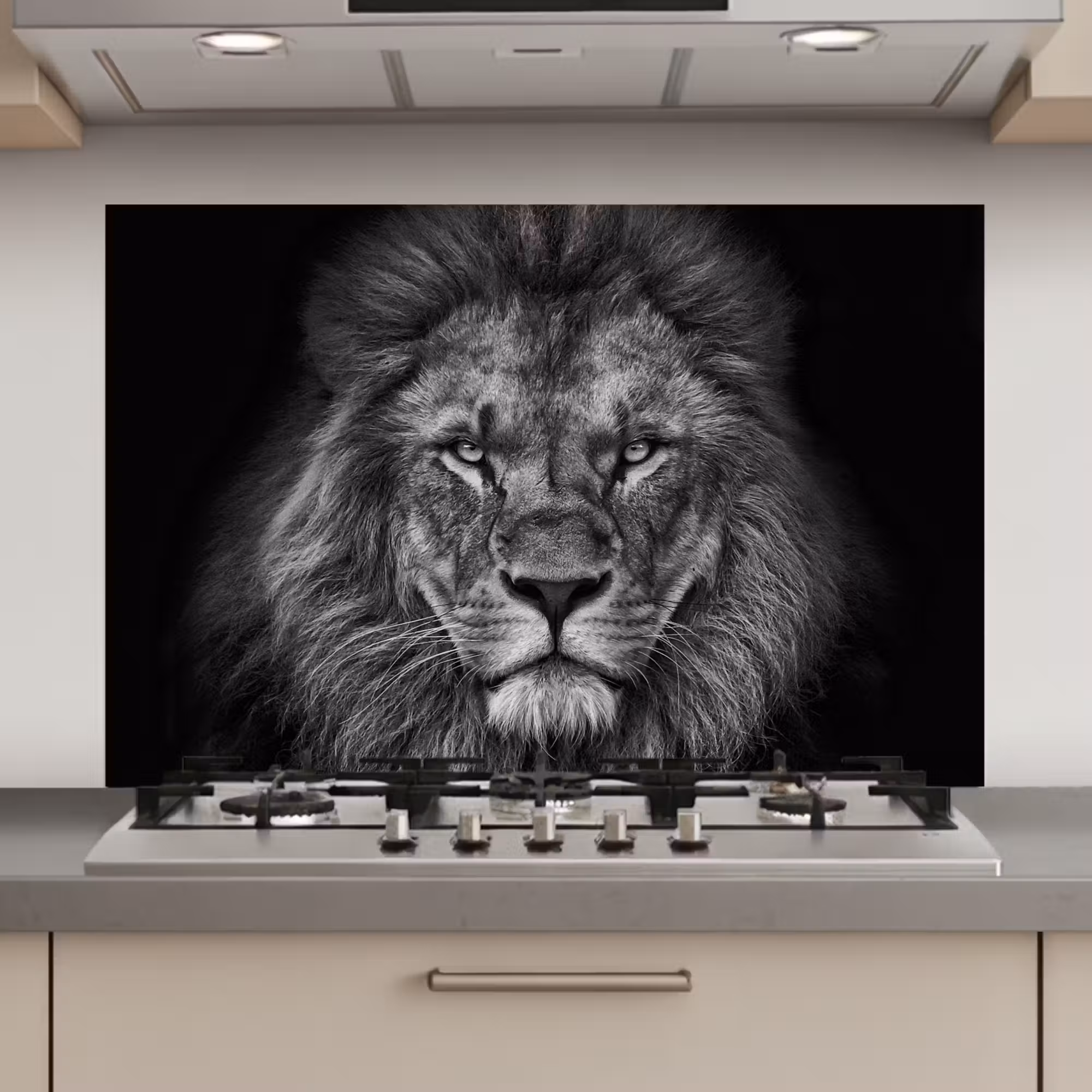 Spatscherm keuken - Leeuw - Dieren - Zwart - Wit