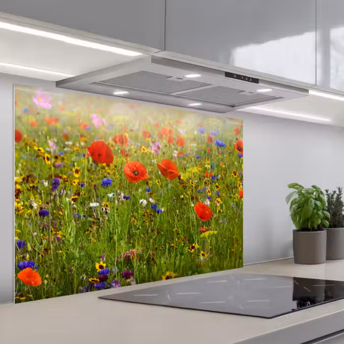 Spatscherm keuken - Lente - Bloemen - Rood - Klaproos - Gras - Groen