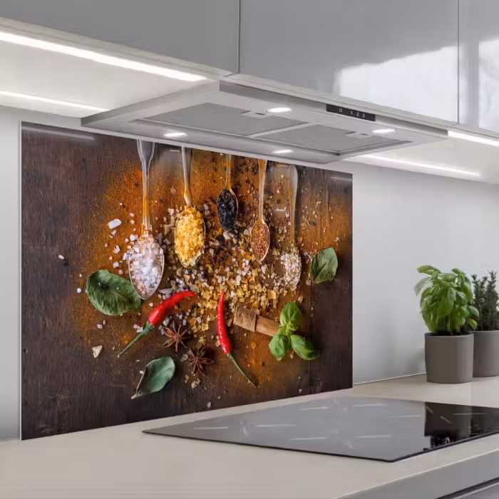Spatscherm keuken - Lepels - Kruiden - Chilipeper - Specerijen - Zout
