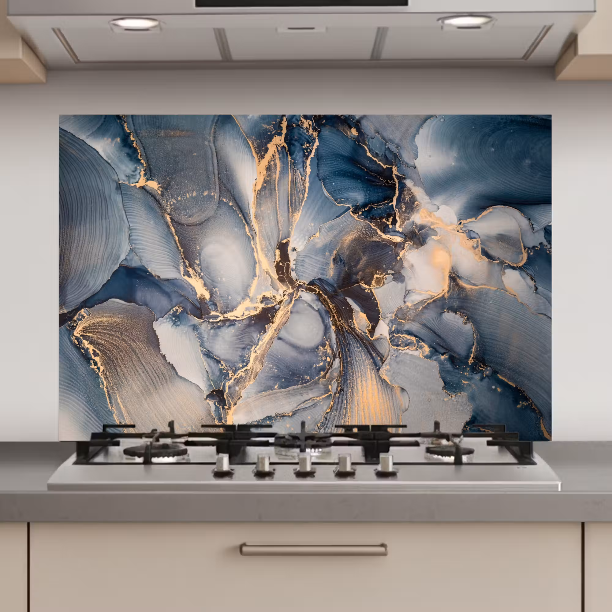 Spatscherm keuken - Marmer - Grijs - Blauw - Luxe - Goud