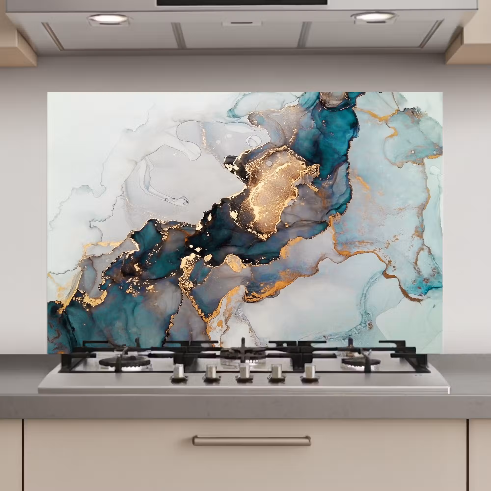 Spatscherm keuken - Blauw - Marmer - Goud