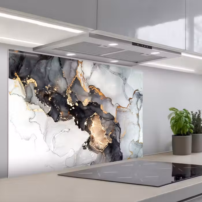 Spatscherm keuken - Marmer - Zwart - Wit - Goud - Luxe - Abstract