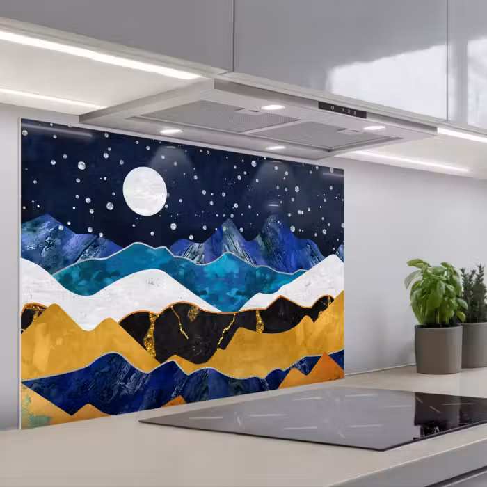 Spatscherm keuken - Nacht - Goud - Marmer - Abstract - Landschap - Berg