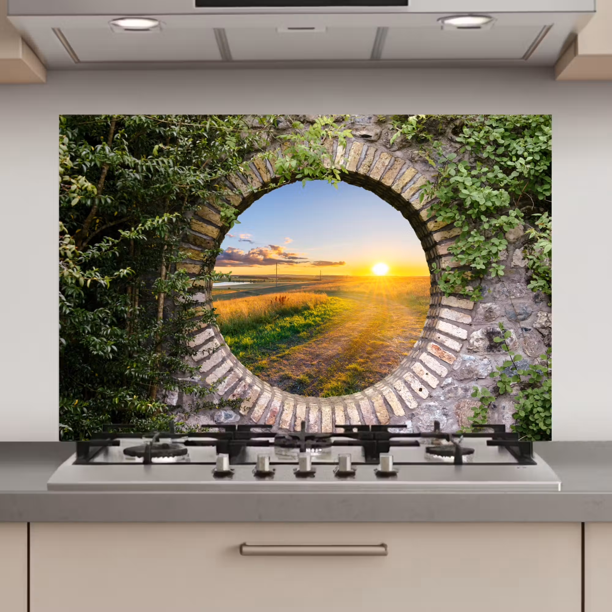 Spatscherm keuken - Platteland - Doorkijk - Zon