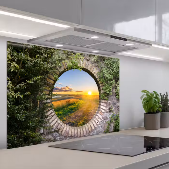 Spatscherm keuken - Platteland - Doorkijk - Zon