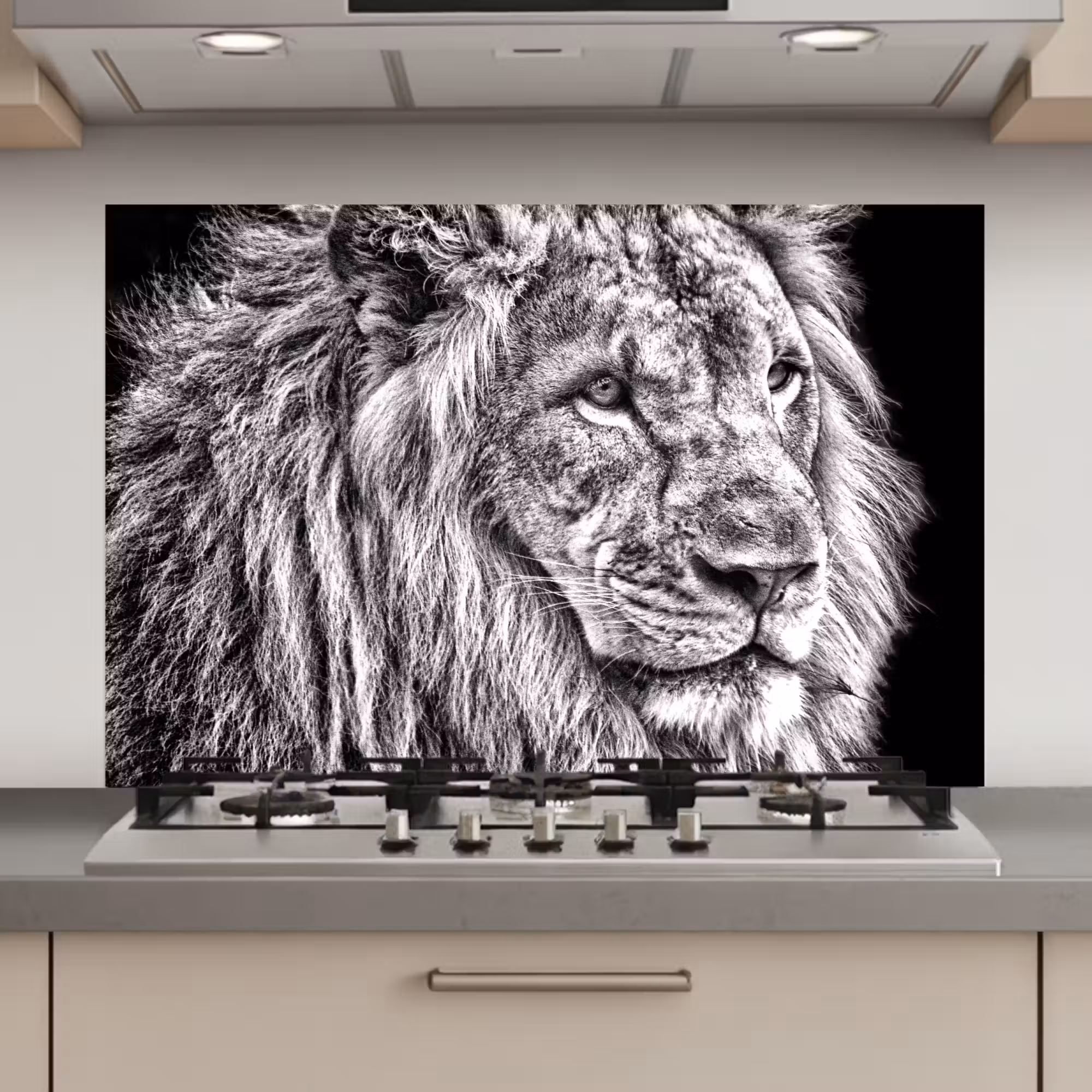 Spatscherm keuken - Portret - Leeuw - Zwart wit
