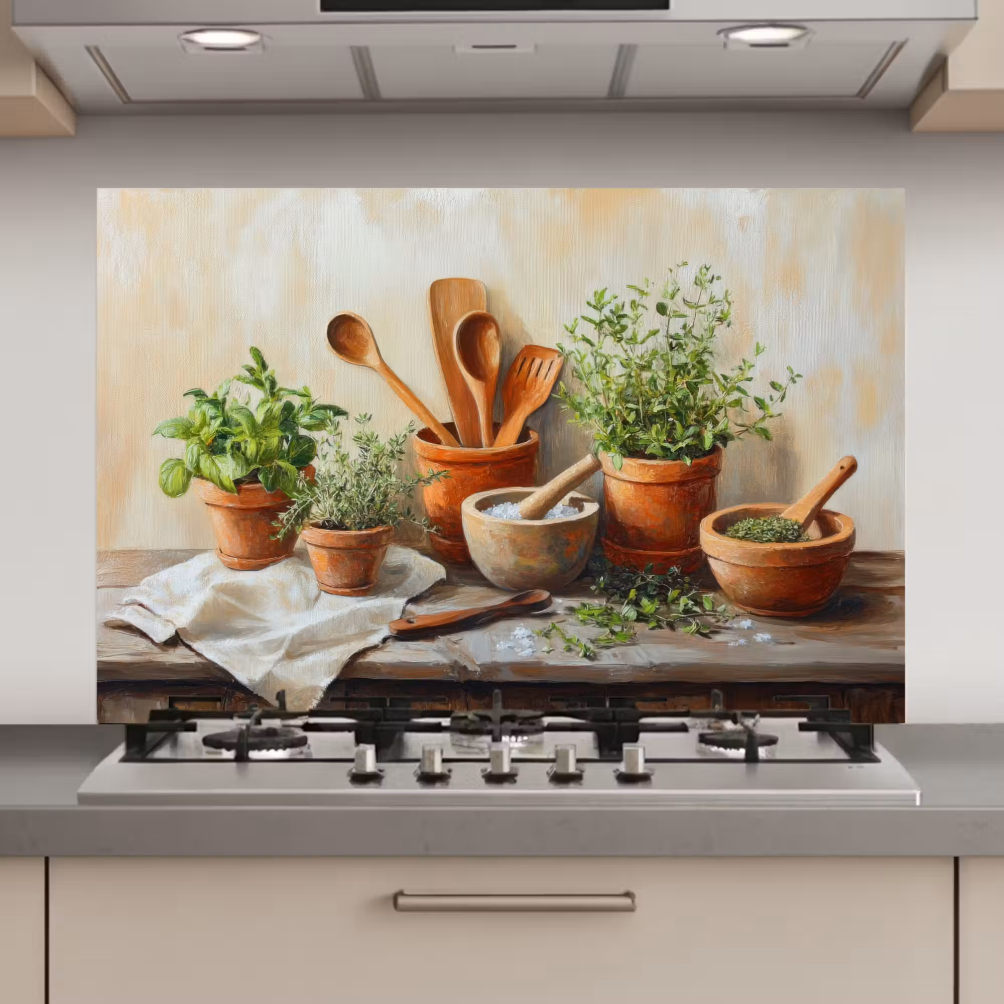 Spatscherm keuken - Potten - Kruiden - Hout